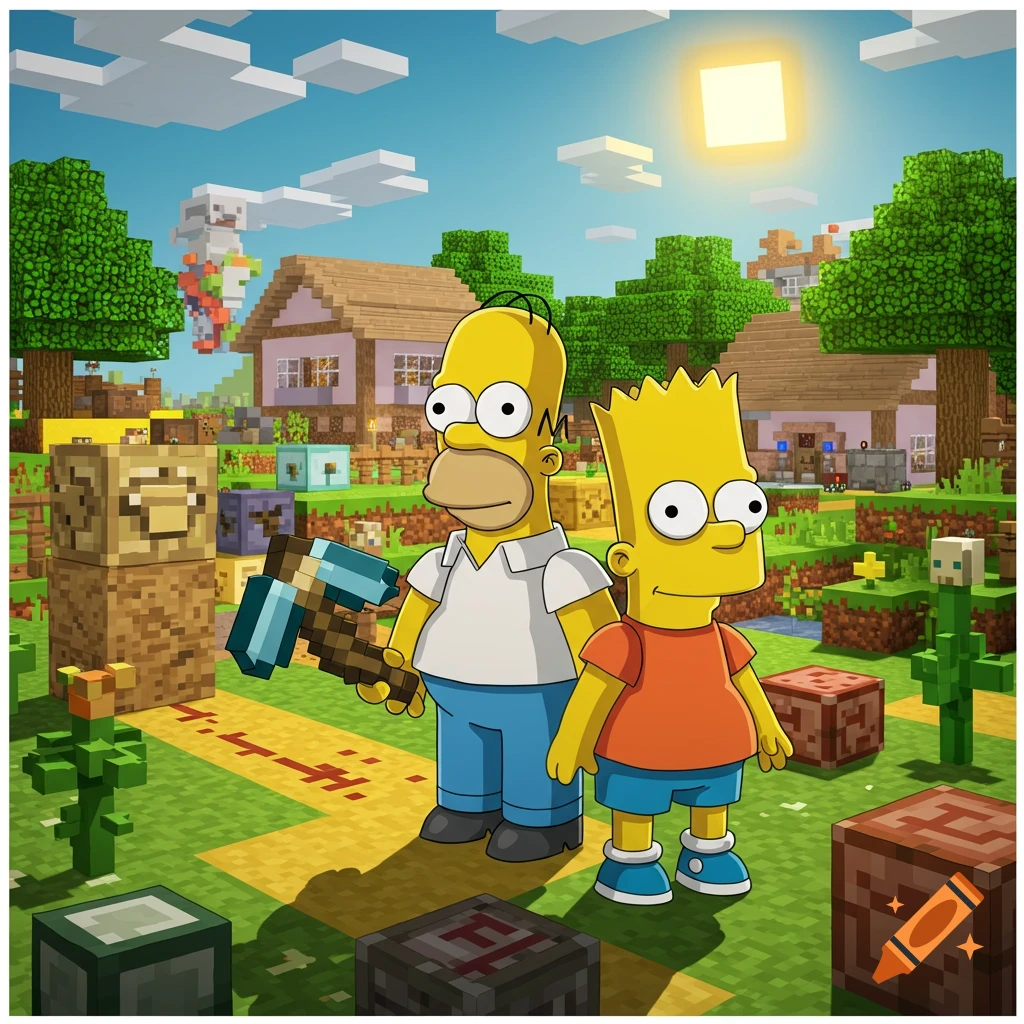 Homer and Bart Simpson in a Minecraft world, holding a pickaxe, with blocky houses and trees in the background.