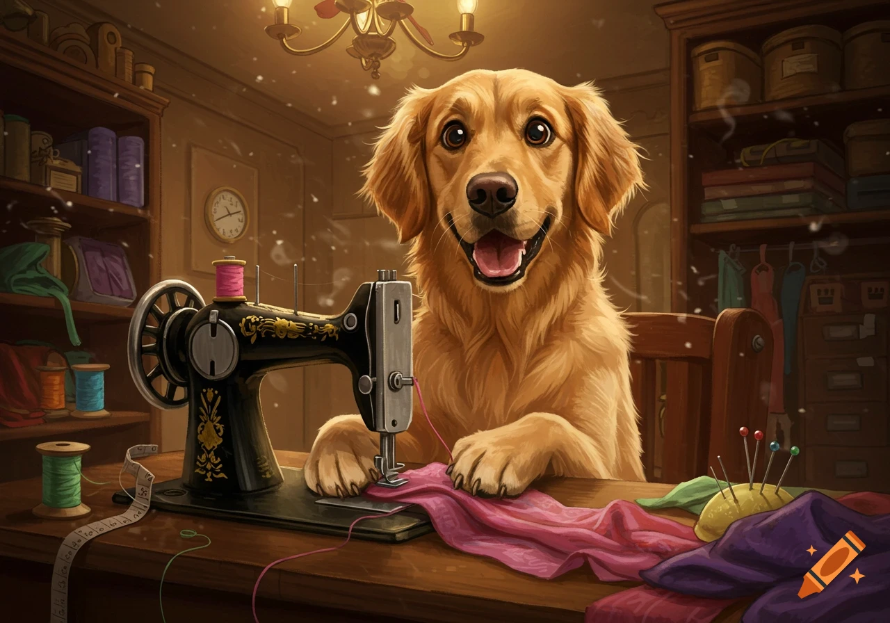An excited golden retriever dog sewing on a vintage machine in a cozy, detailed illustration of a sewing room.