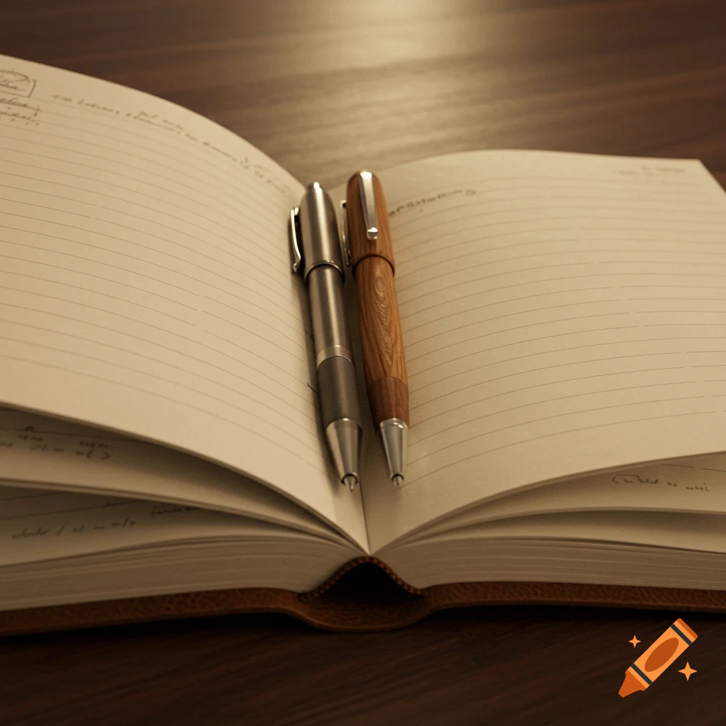 An open notebook with a silver pen and a wooden pen resting on its lined pages, on a wooden surface.