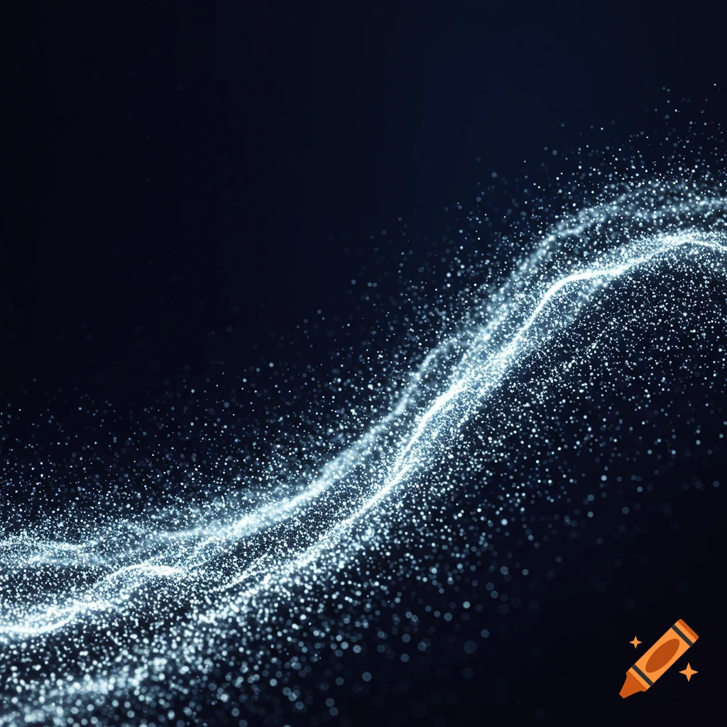 A glowing, wavy stream of bright blue-white particles flows across a dark background.