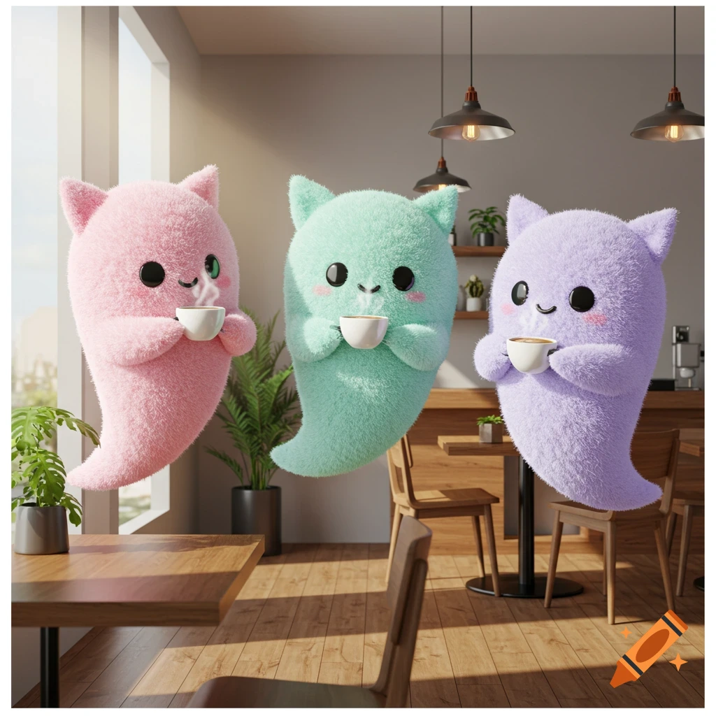 Three cute, fluffy pastel cat-eared ghosts drink coffee in a minimalist cafe, 3D render.