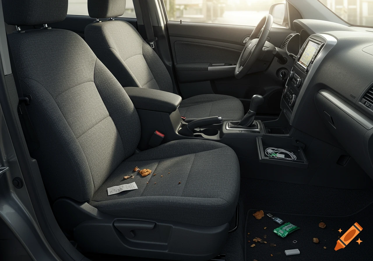Messy car interior showing crumbs, a crumpled receipt, and debris on the front passenger seat and floor.