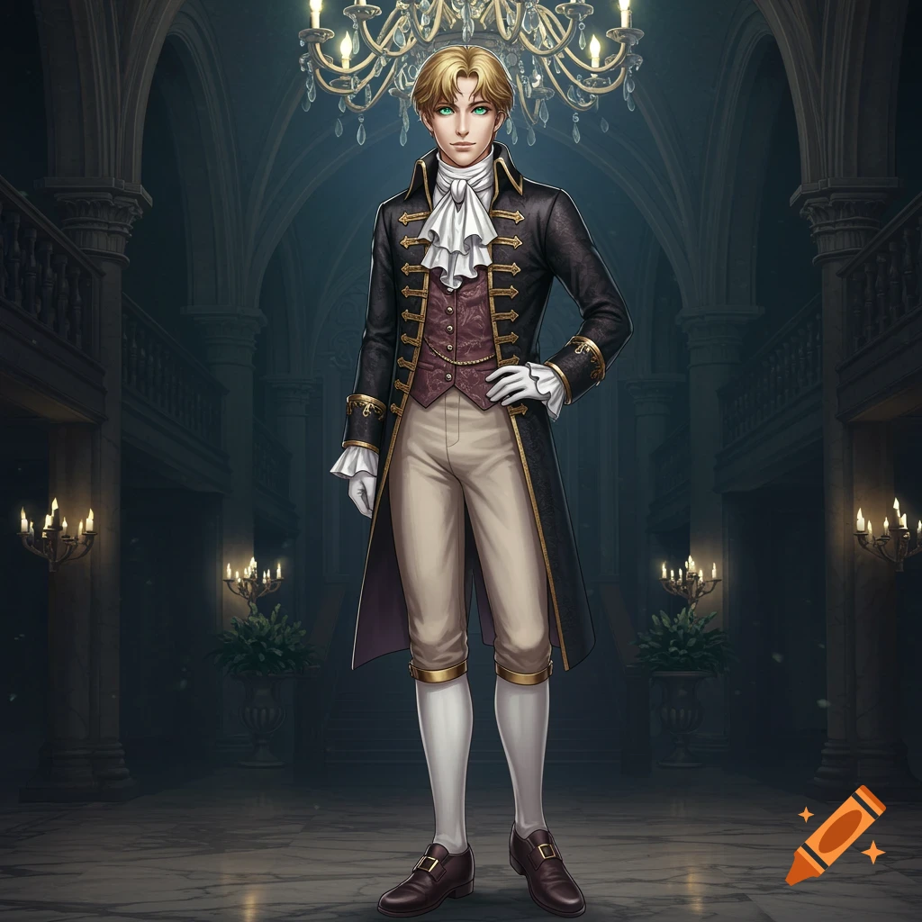 A young man with golden hair and green eyes in Victorian gothic attire stands in an ornate, dimly lit ballroom.