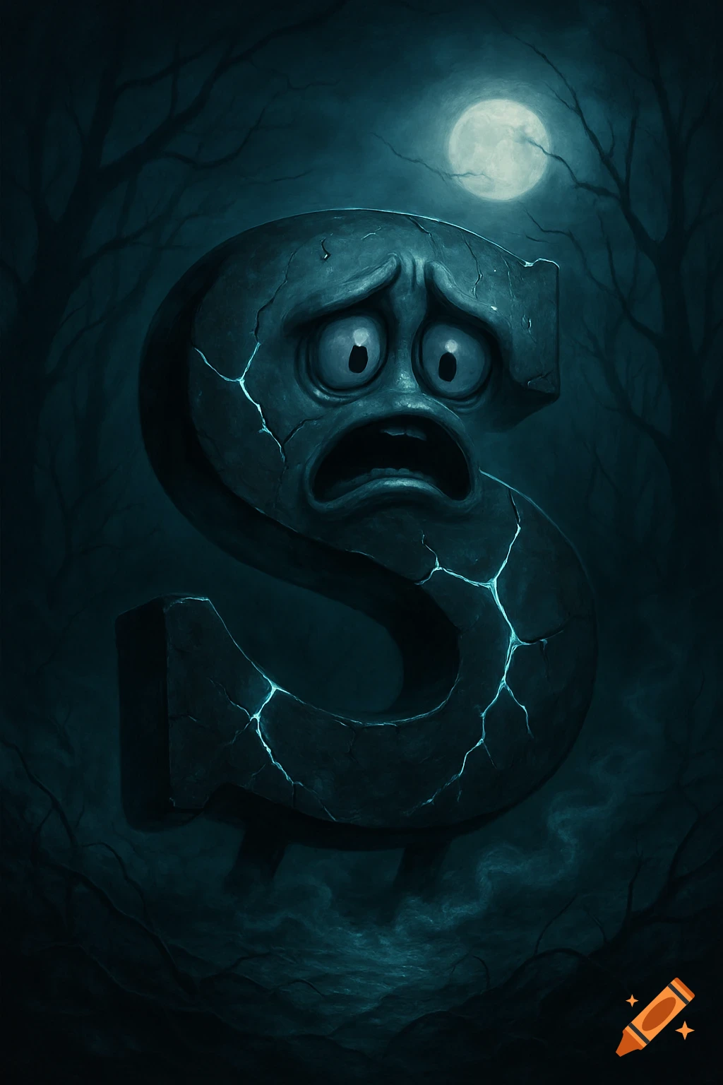A spooky, cracked stone letter S with wide, terrified eyes and an open mouth, set against a dark forest with a full moon.