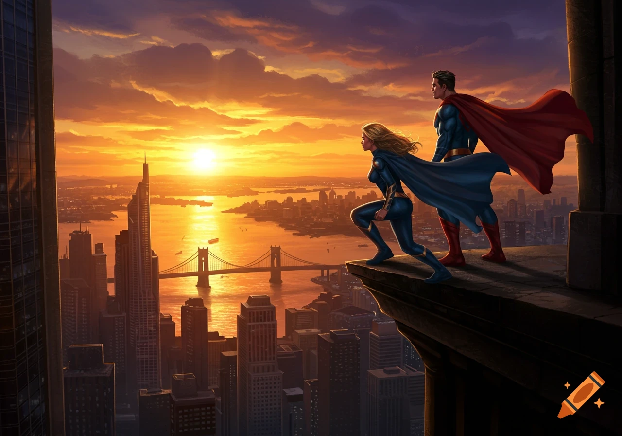 A male and female superhero in capes stand on a building ledge overlooking a city, river, and bridge at vibrant sunset.