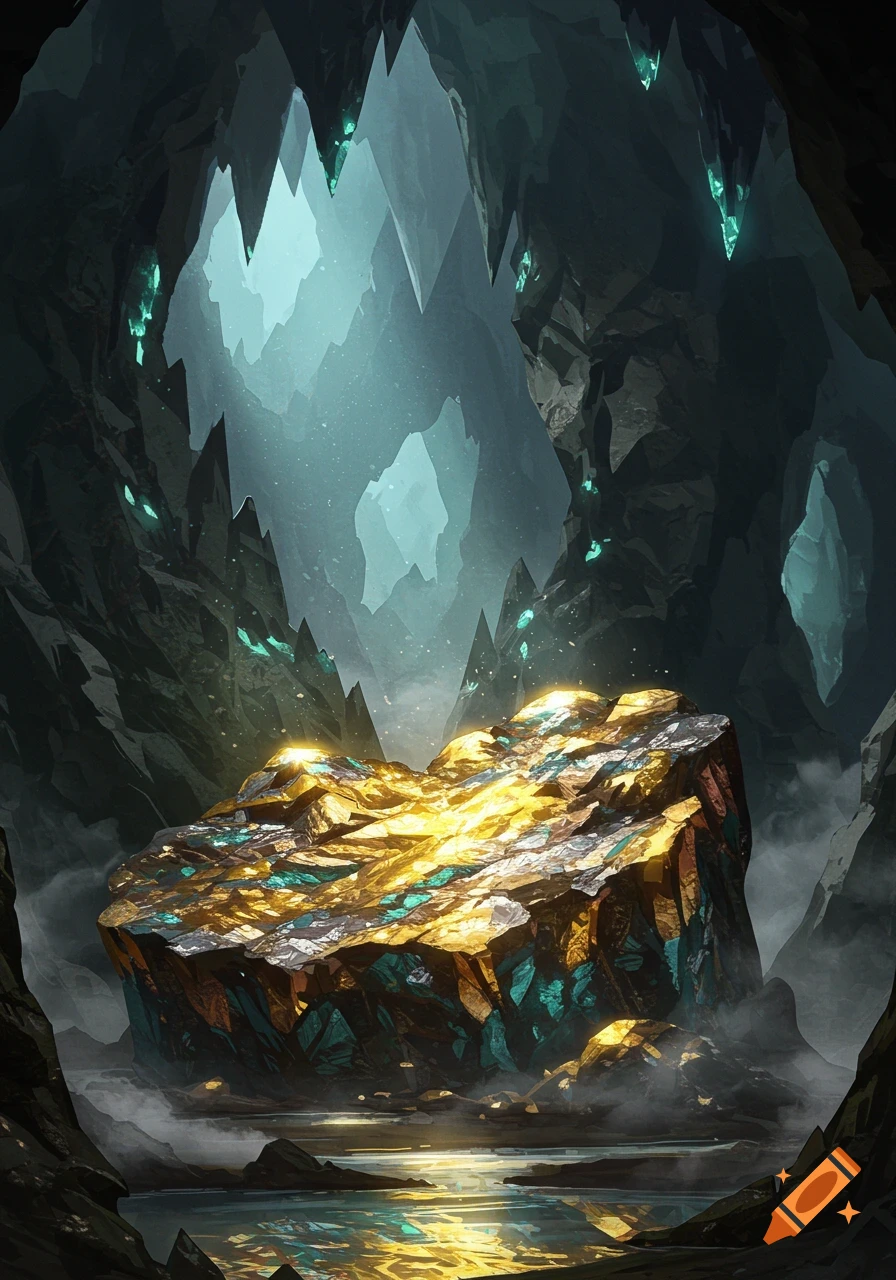 Giant glowing gold and teal ore in a dark, atmospheric cave with water reflections.