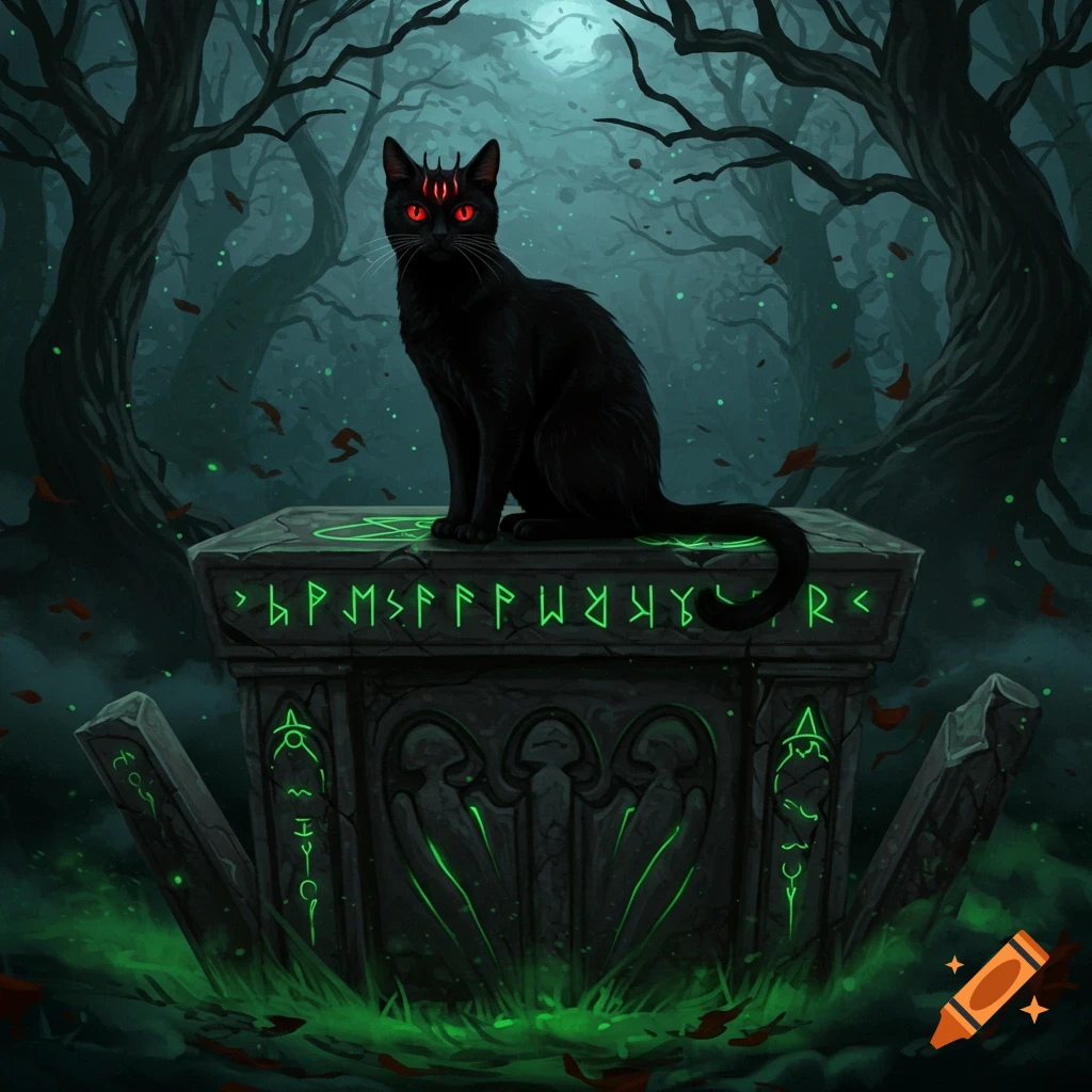 A dark fantasy illustration of a black cat with glowing red eyes and markings sitting on a stone altar with glowing green runes in a mystical forest.