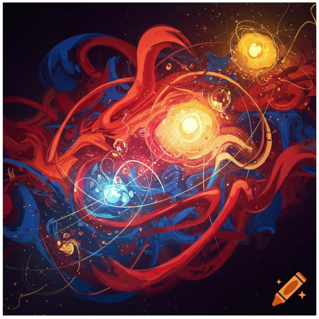 Vibrant abstract art with swirling red and blue forms, glowing yellow and blue lights, and delicate white lines.