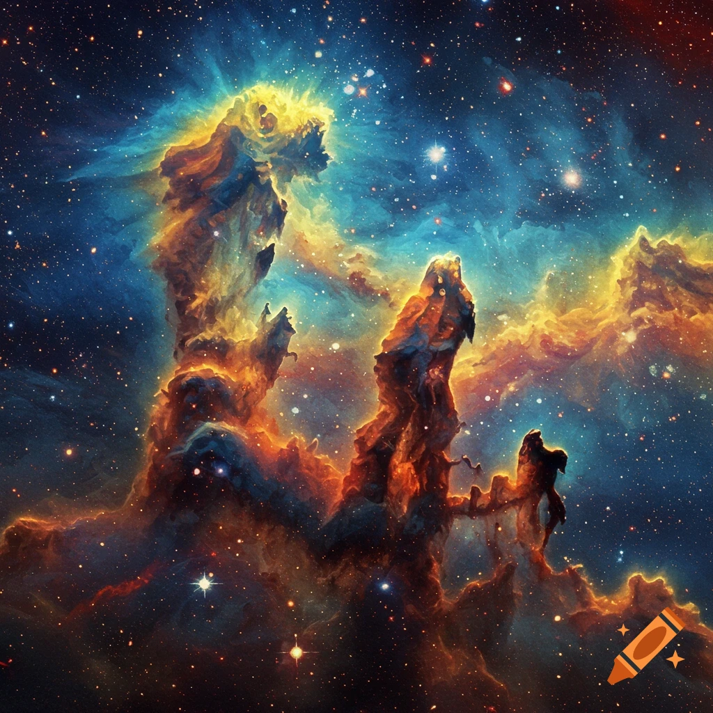 Vibrant, painterly depiction of the Pillars of Creation nebula with glowing gas and dust clouds in deep space.