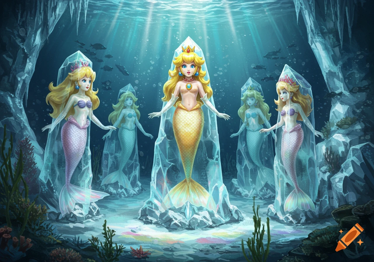 Princess Peach mermaid and other mermaids frozen in glowing ice crystals within a vibrant underwater cave.