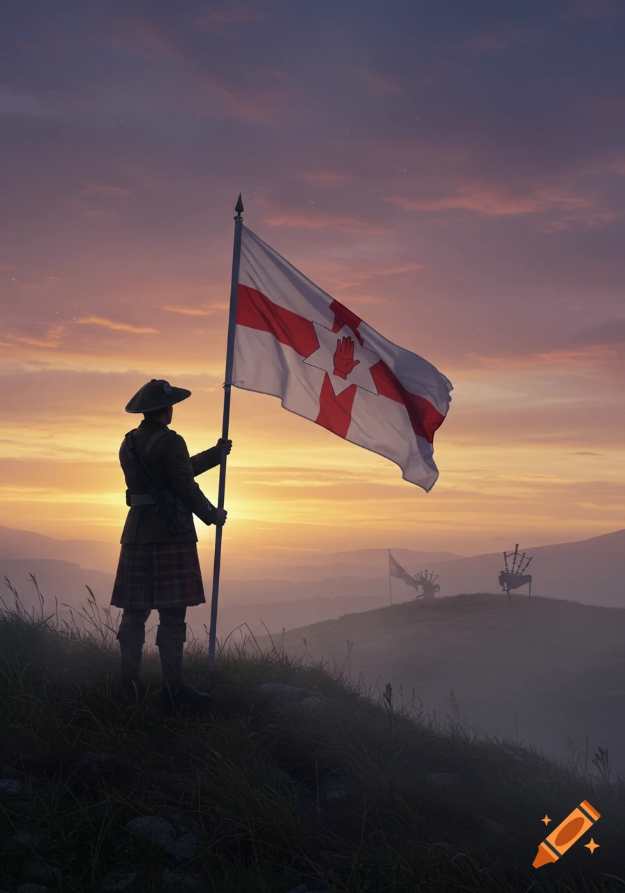 A soldier in uniform and kilt holds the Northern Ireland flag on a misty hilltop at sunset, with distant bagpipers.