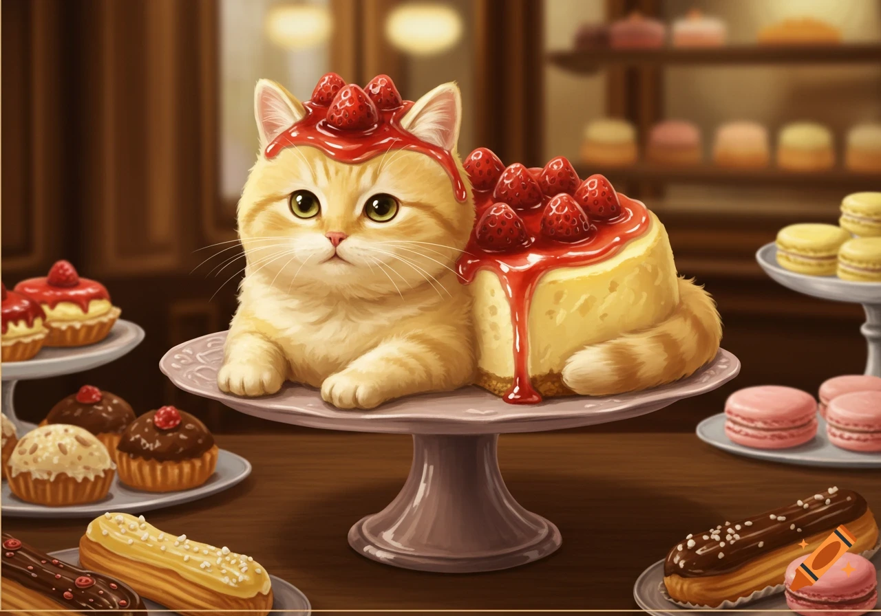 A cute orange cat with a cheesecake body topped with strawberries and syrup sits on a cake stand in a bakery.