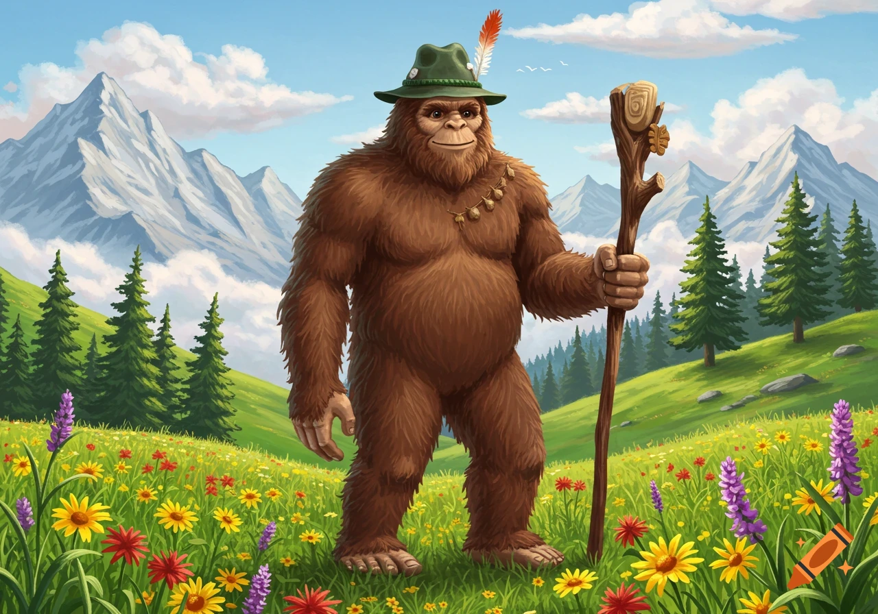 A cartoonish Bigfoot wearing an alpine hat and holding a walking stick stands in a vibrant mountain meadow filled with colorful wildflowers and pine trees.