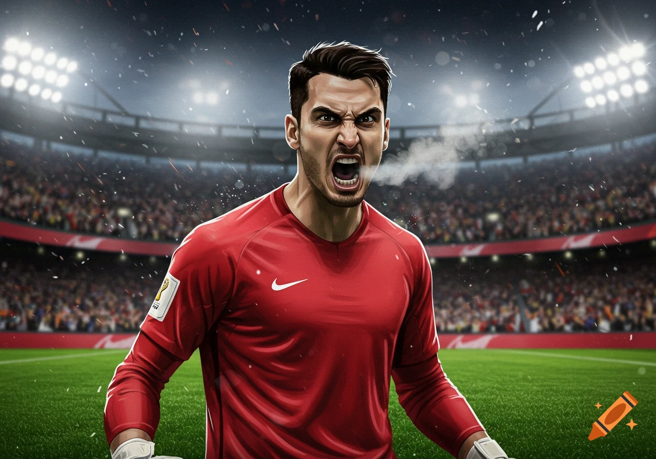 An angry male soccer goalkeeper in a red jersey yelling on a stadium field, with steam coming from his mouth.