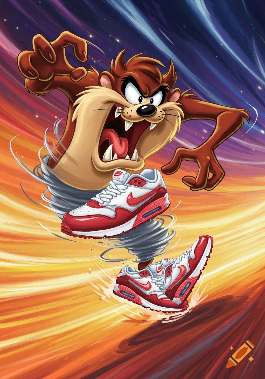 Cartoon Tazmanian Devil spinning in a vortex with red and white Nike Air Max sneakers, against a colorful swirling background.