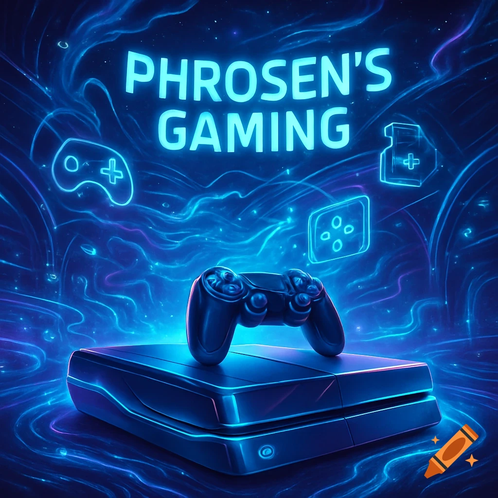 A glowing blue neon gaming console and controller with the text 'PHROSEN'S GAMING' floating above, surrounded by futuristic glowing lines and icons.