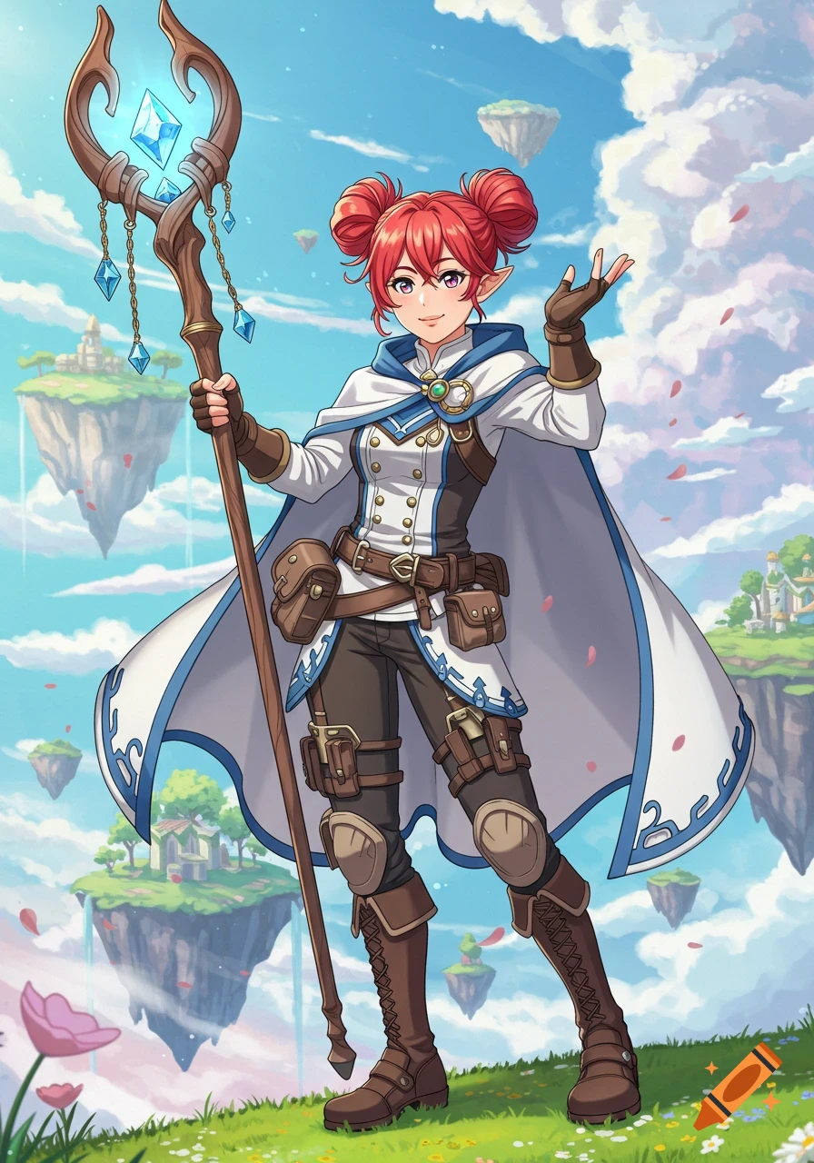 Anime-style elf woman with red buns, blue cloak, and staff, standing on a grassy floating island under a blue sky.