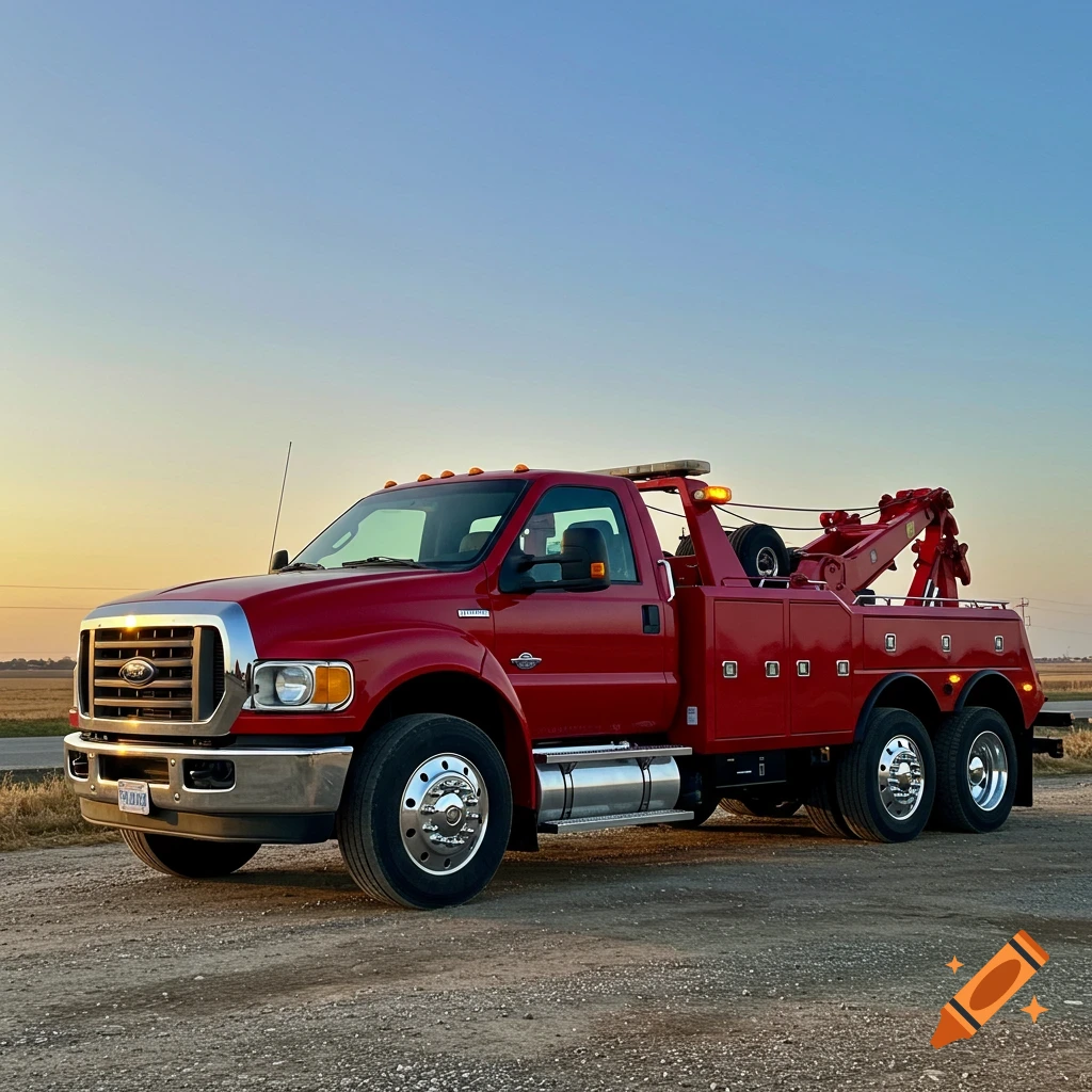 A red Ford F-650 wrecker truck parked on a dirt road under a sunset sky, photorealistic.