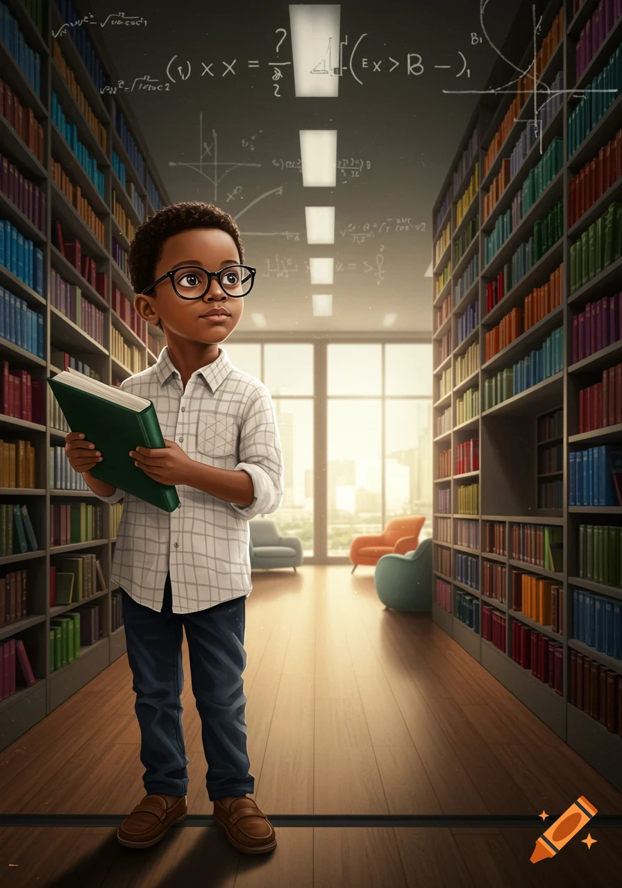 A young Black boy with glasses and a plaid shirt stands in a library, holding a green book, with mathematical equations on the background wall.