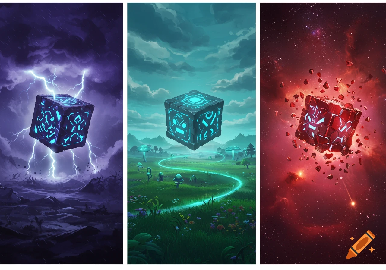 Three vertical fantasy panels: a glowing blue cube in a lightning storm, a blue cube over a mushroom field, and a red shattered cube in a cosmic explosion.