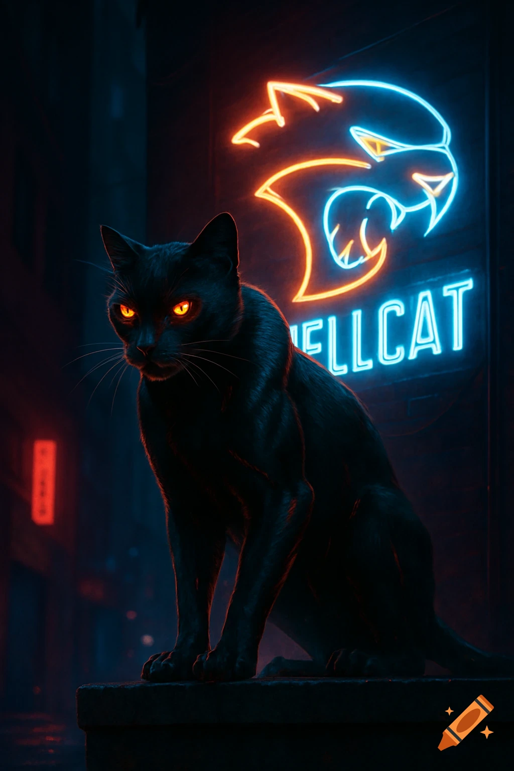 A black cat with glowing orange eyes sits in a dark, cyberpunk setting, lit by a blue and orange neon 'HELLCAT' sign.