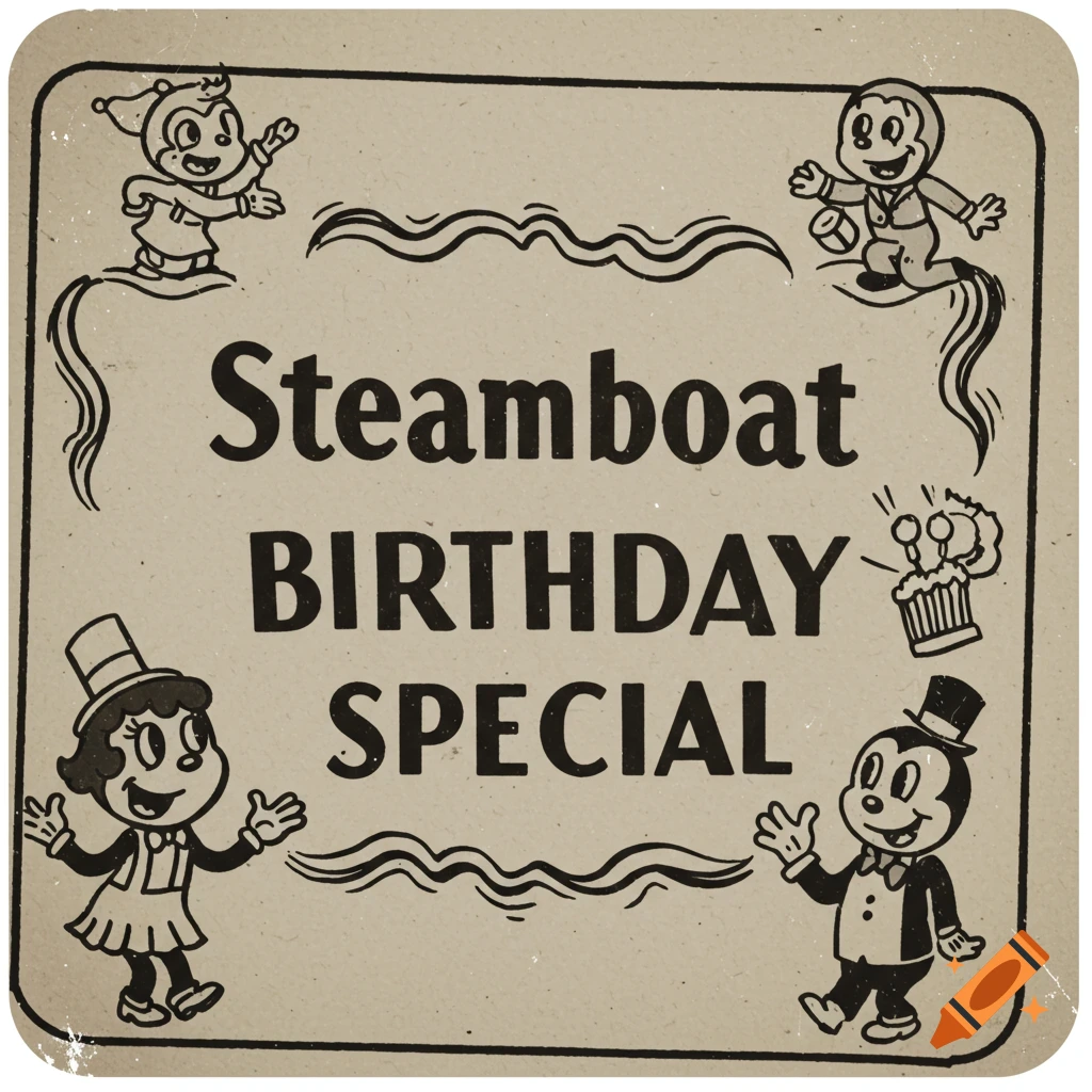 Vintage cartoon birthday special title card with four characters and wavy lines on a grainy background.