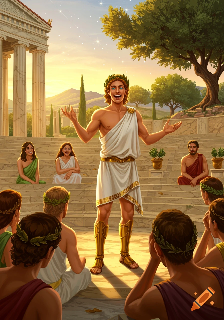 An illustration of the god Apollo, wearing a laurel wreath and toga, speaking animatedly to a crowd in an ancient Greek amphitheater at sunset.