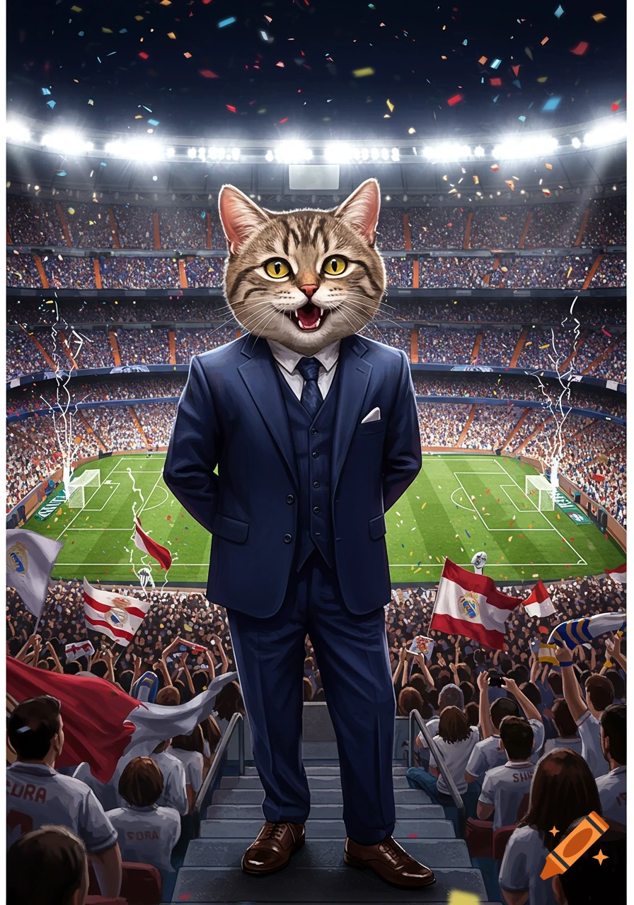 An anthropomorphic tabby cat in a blue suit and tie stands on stadium steps, smiling amidst a cheering crowd, falling confetti, and a football field.