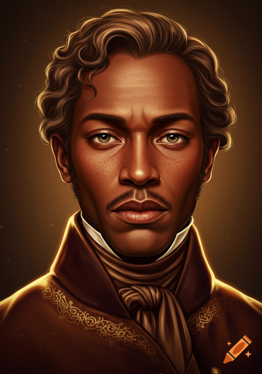 A close-up portrait of a man with dark skin, wavy brown hair, and a mustache, wearing a brown Regency-era coat and cravat, against a golden-brown background.