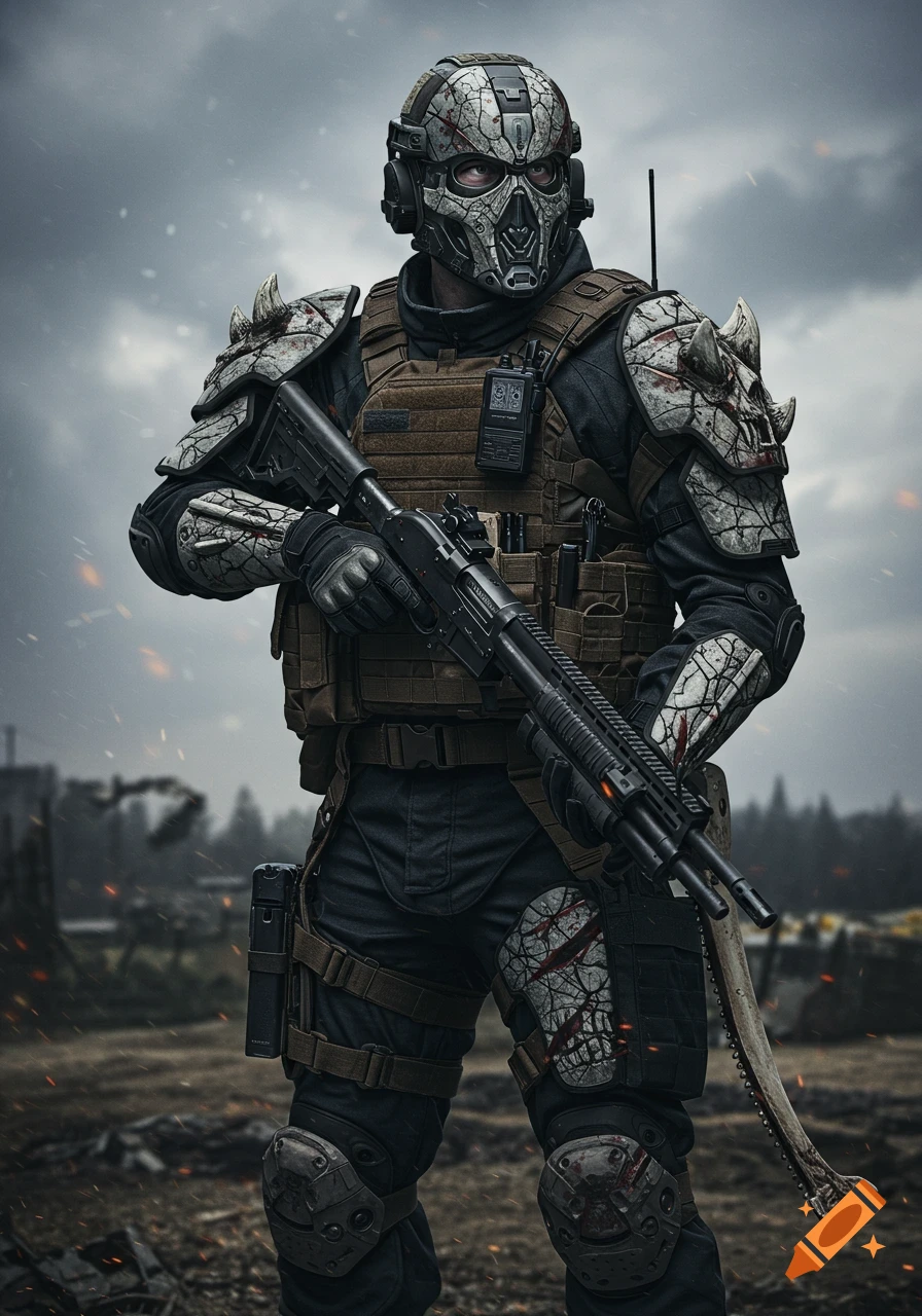 A heavily armored combat medic with a skull-like helmet and cracked bone decals, holding a pump shotgun in a desolate landscape.