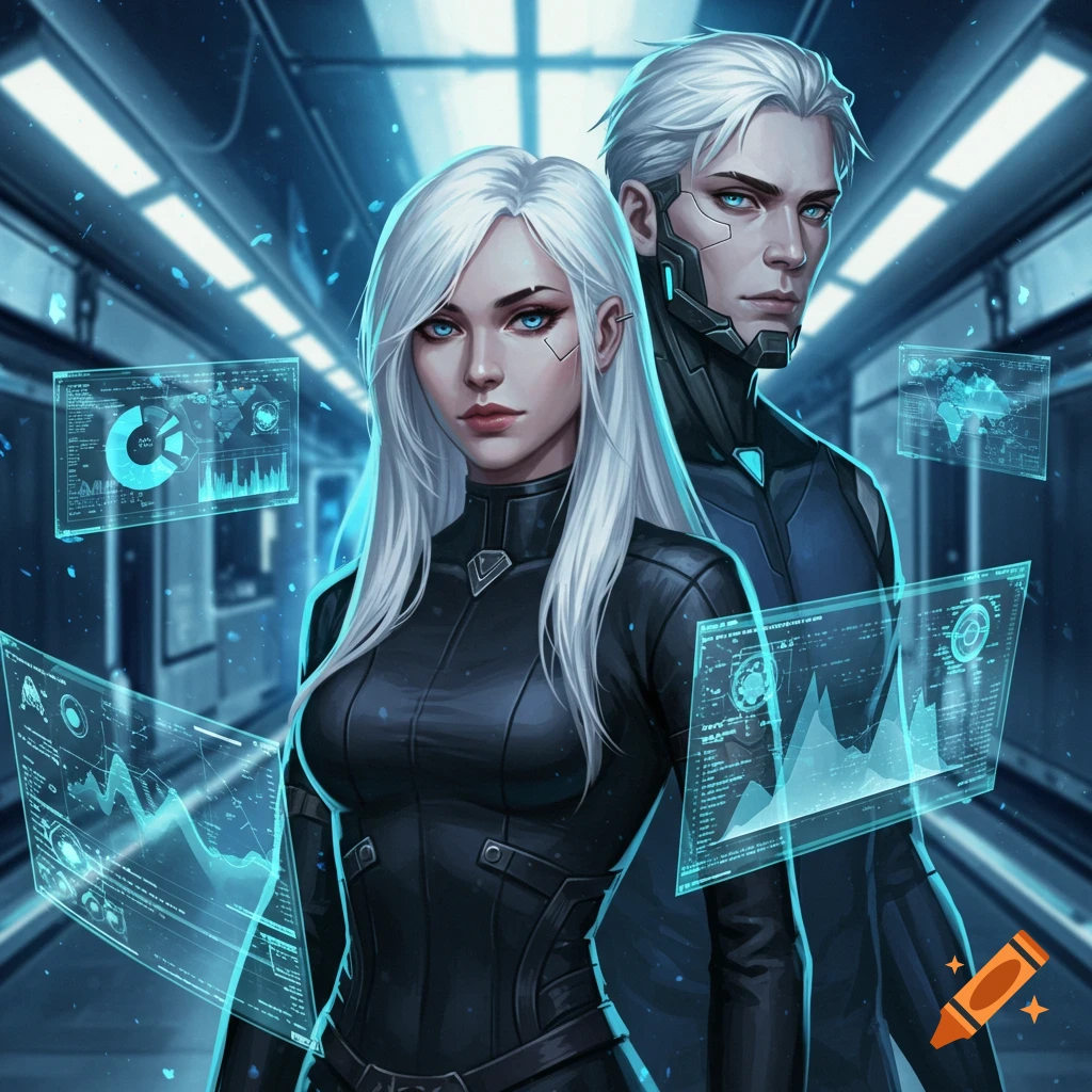 Two white-haired, blue-eyed characters in dark futuristic suits stand in a corridor, surrounded by glowing blue holographic data screens in an anime-style illustration.