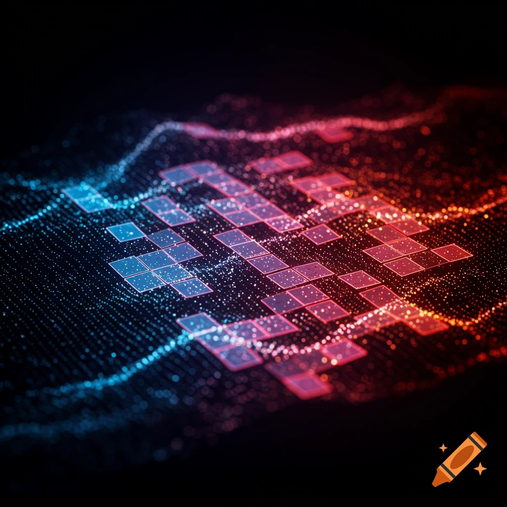 Abstract digital art of glowing blue and red squares and shimmering dots forming a network on a dark background.