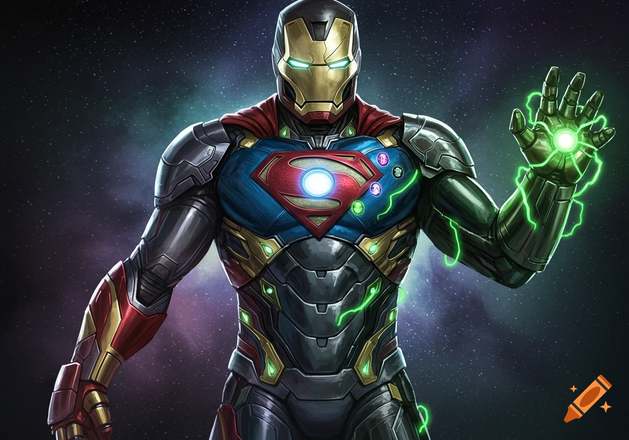 A digitally painted superhero figure combining elements of Iron Man, Superman, Green Lantern, Batman, and Hulkbuster suits, with Infinity Stones, set against a cosmic background.