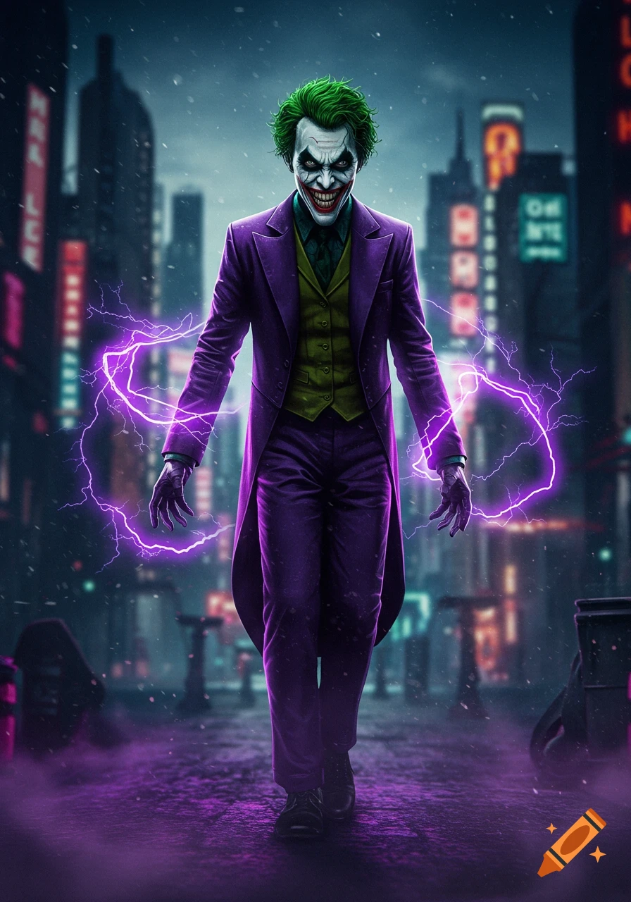 The Joker with green hair, purple suit, and glowing purple lightning around his hands walks down a dark, rainy city street at night.