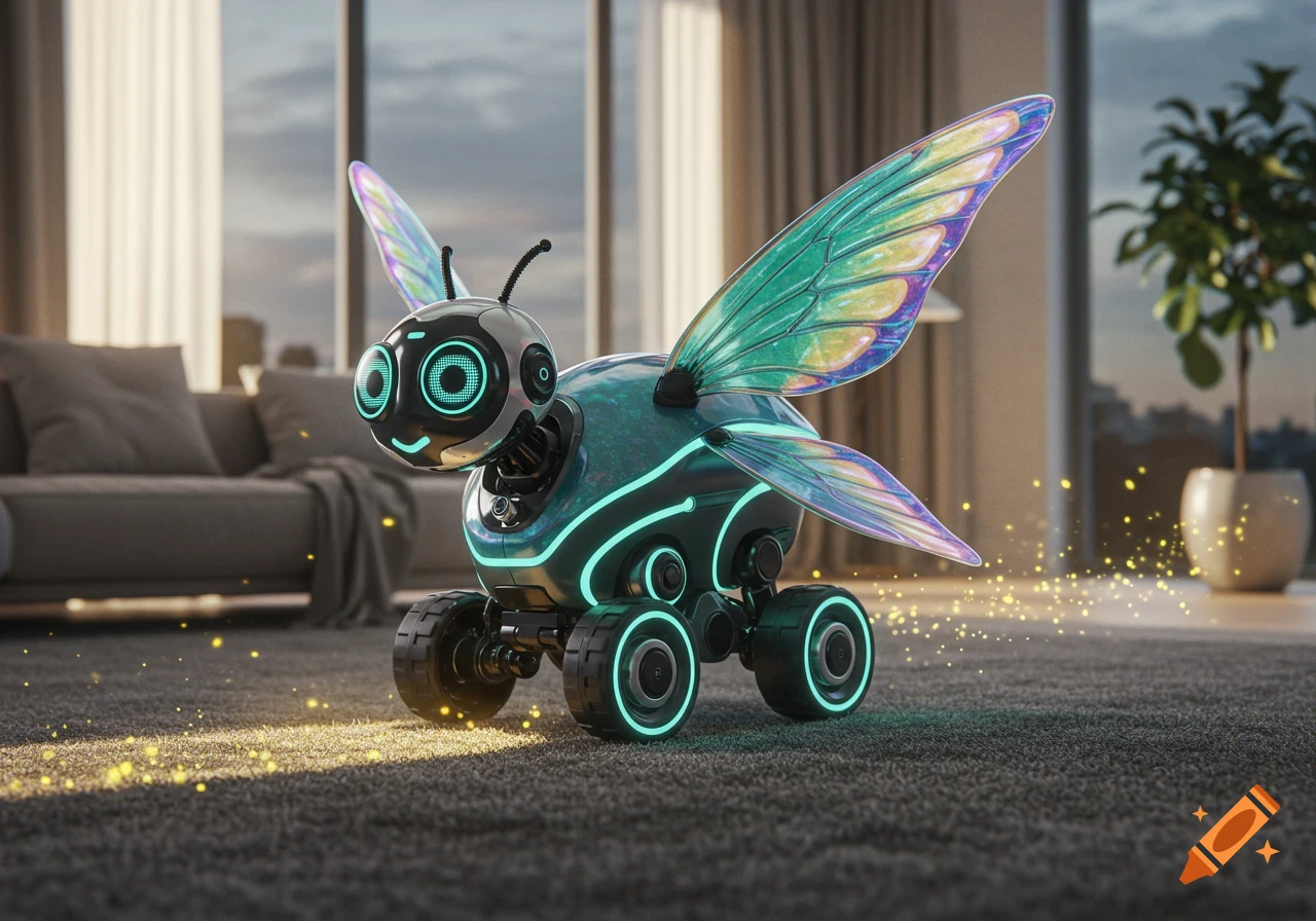 A shiny, futuristic bee-robot toy with glowing cyan lights and iridescent wings stands on a carpet in a modern living room.