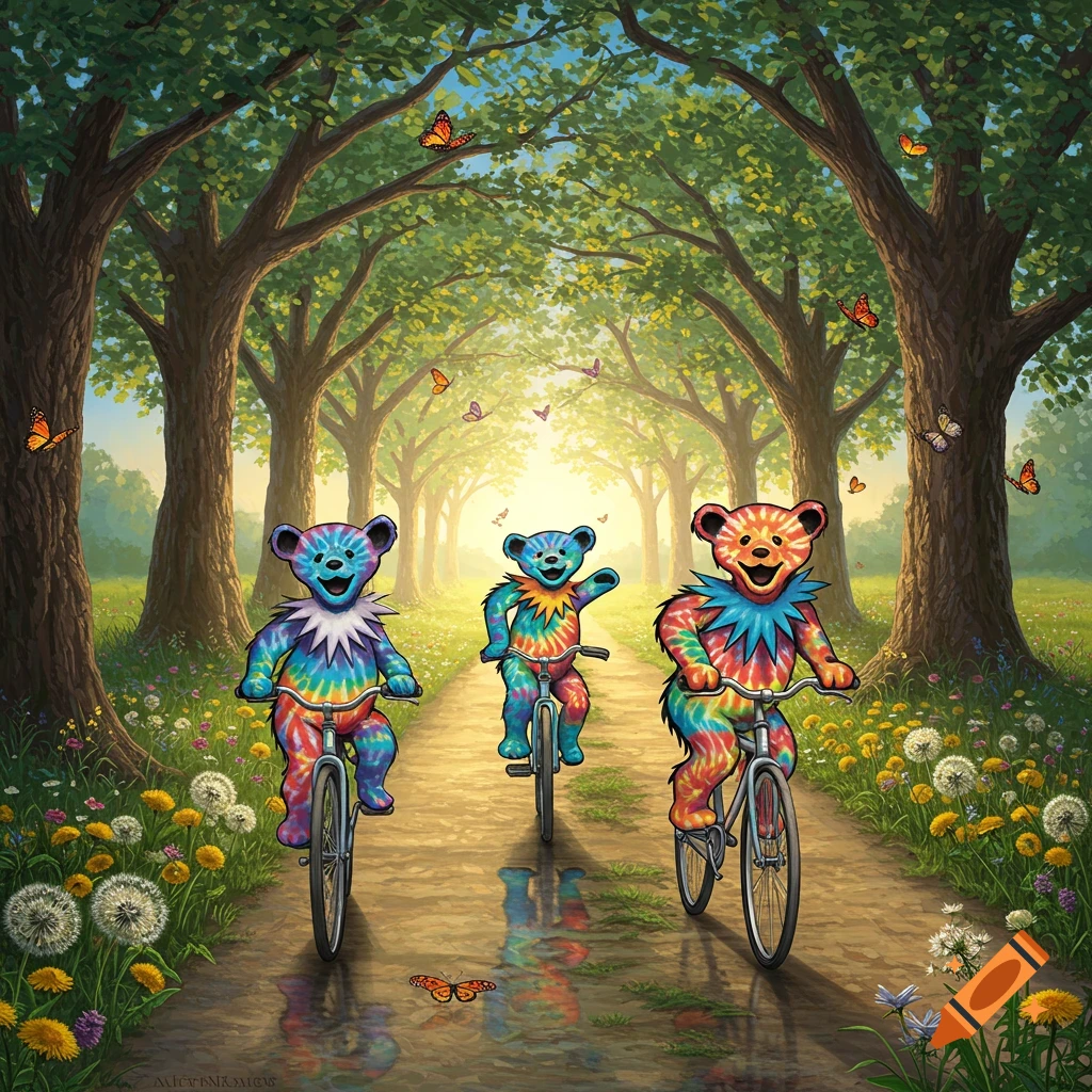 Three vibrant tie-dye Grateful Dead-style bears ride bicycles down a sun-dappled forest path with butterflies.