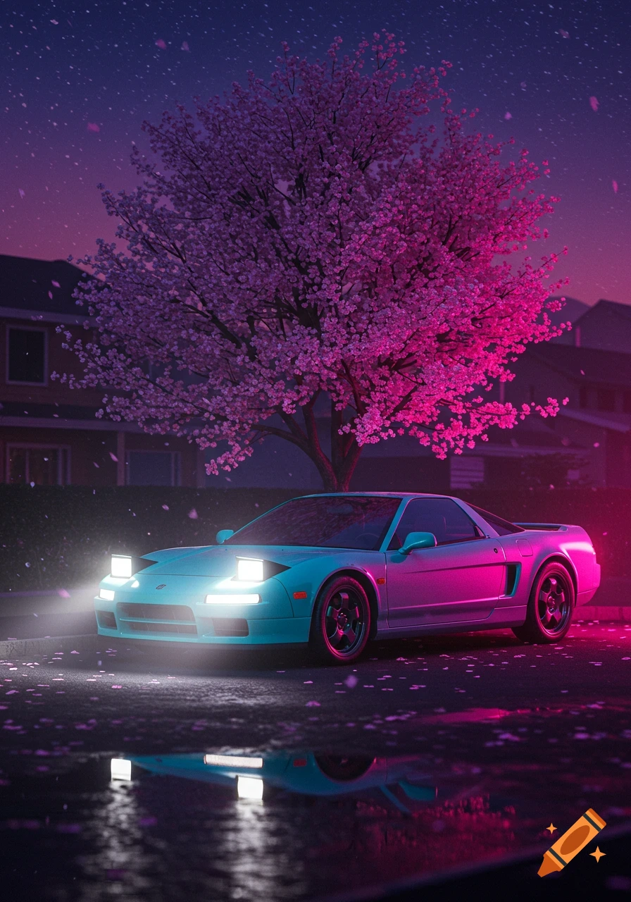 A vibrant synthwave image of a teal Acura NSX parked under a glowing pink cherry blossom tree at night on a wet street.