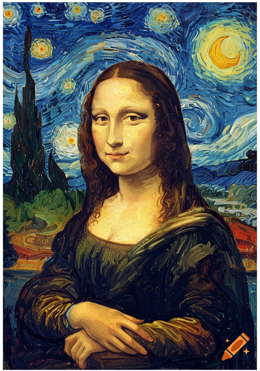 A portrait of the Mona Lisa painted in Van Gogh's swirling, impasto style, with a starry night sky in the background.