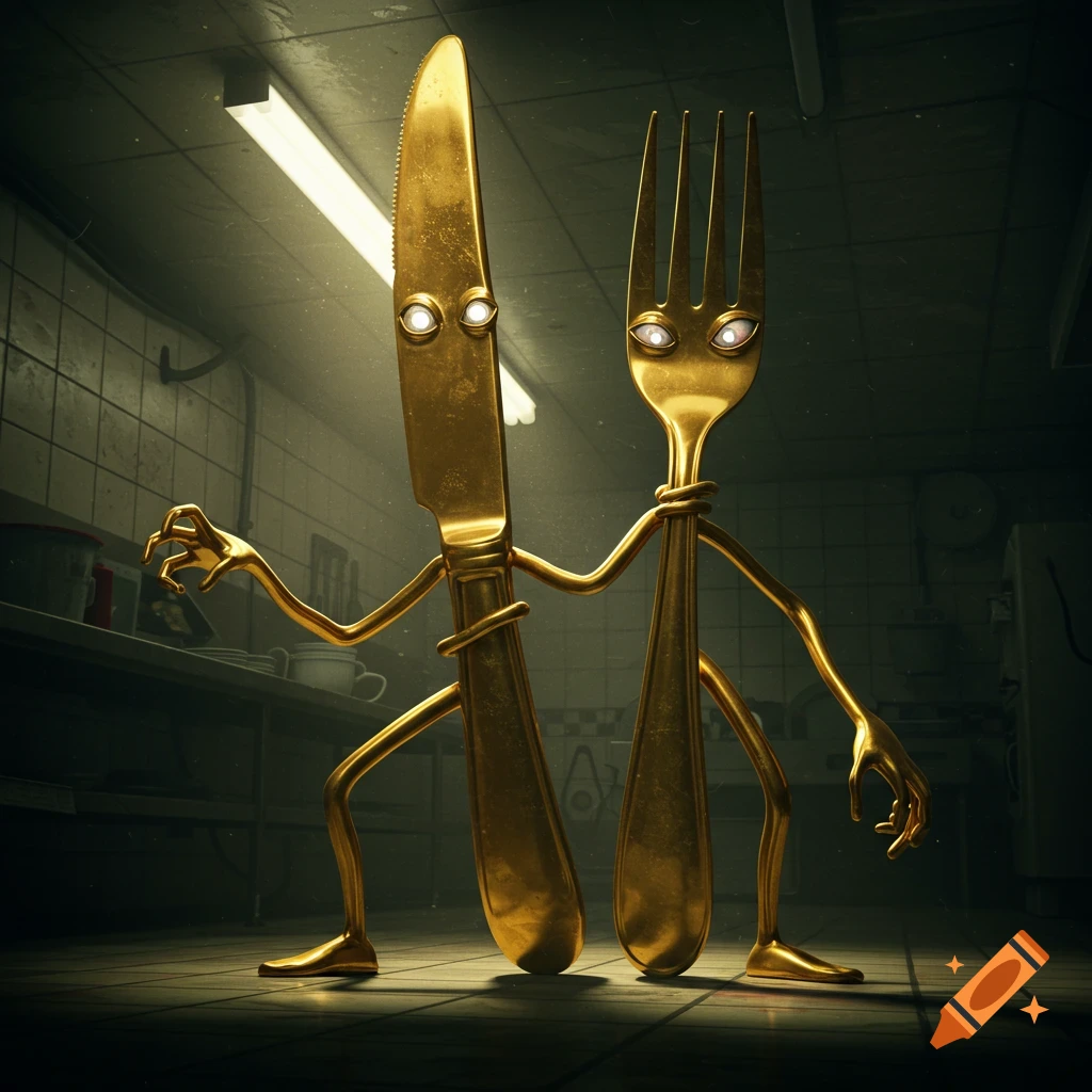 A scary anthropomorphic golden knife and fork with glowing eyes, arms, and legs stand in a dimly lit kitchen.