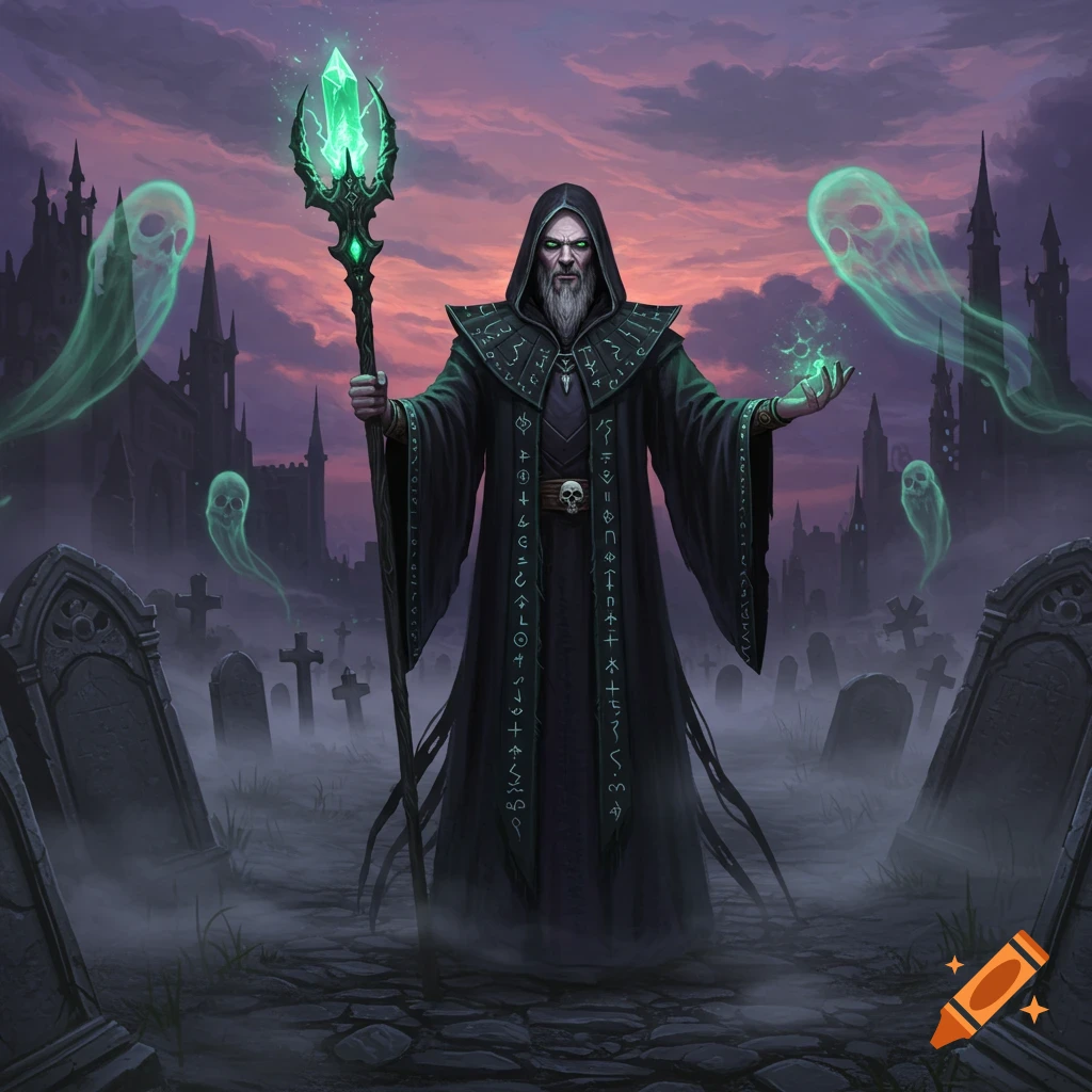A powerful necromancer in a black robe with glowing runes stands in a misty graveyard, summoning green ghost spirits with a glowing staff at dusk.