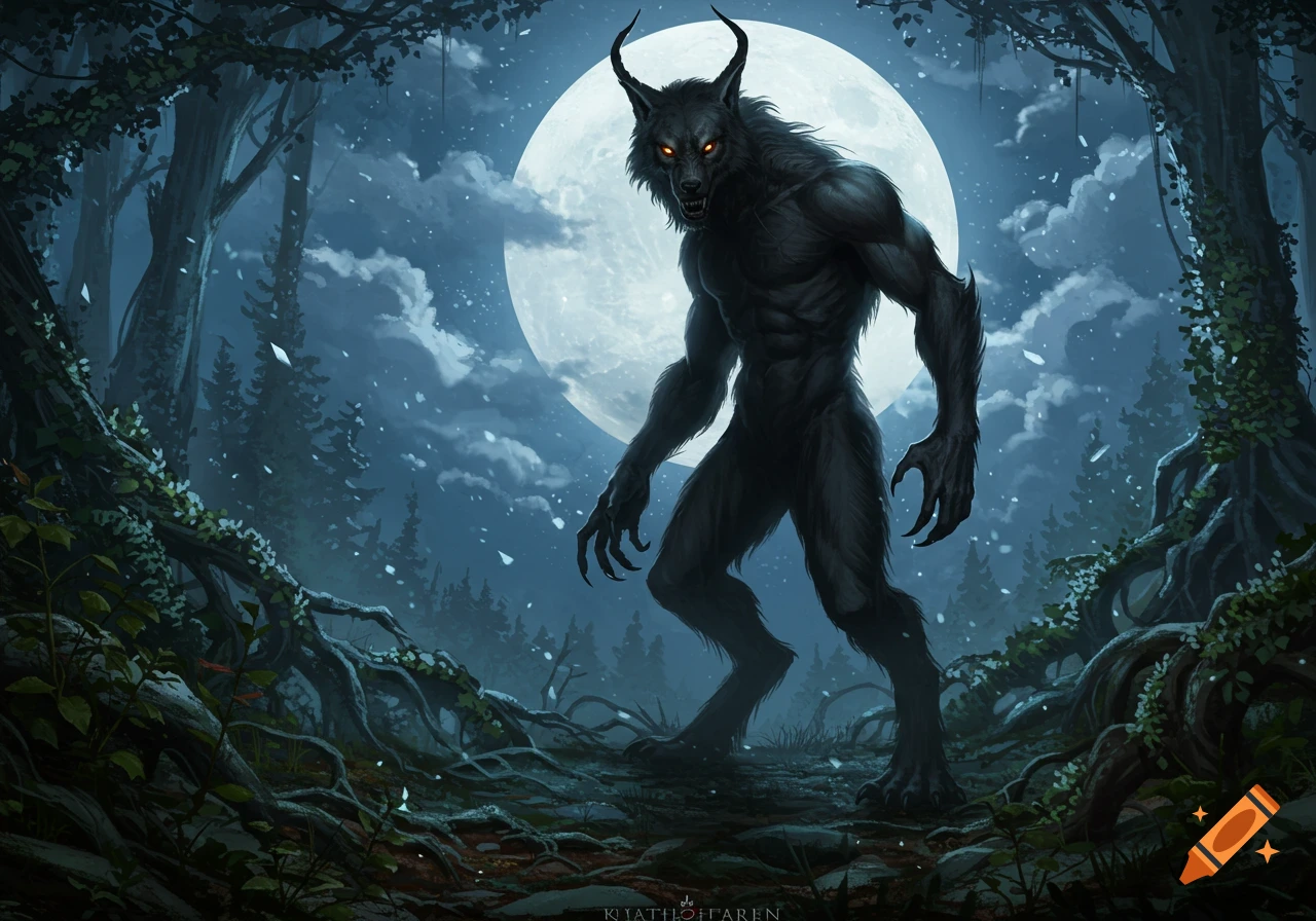 A muscular, dark werewolf with glowing red eyes stands in a misty, moonlit forest. Digital painting.