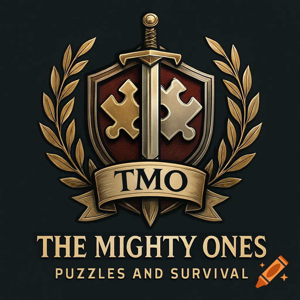 Stylized logo with a shield, sword, gold and silver puzzle pieces, and a laurel wreath. A banner reads "TMO". Below, the text says "THE MIGHTY ONES" and "PUZZLES AND SURVIVAL".