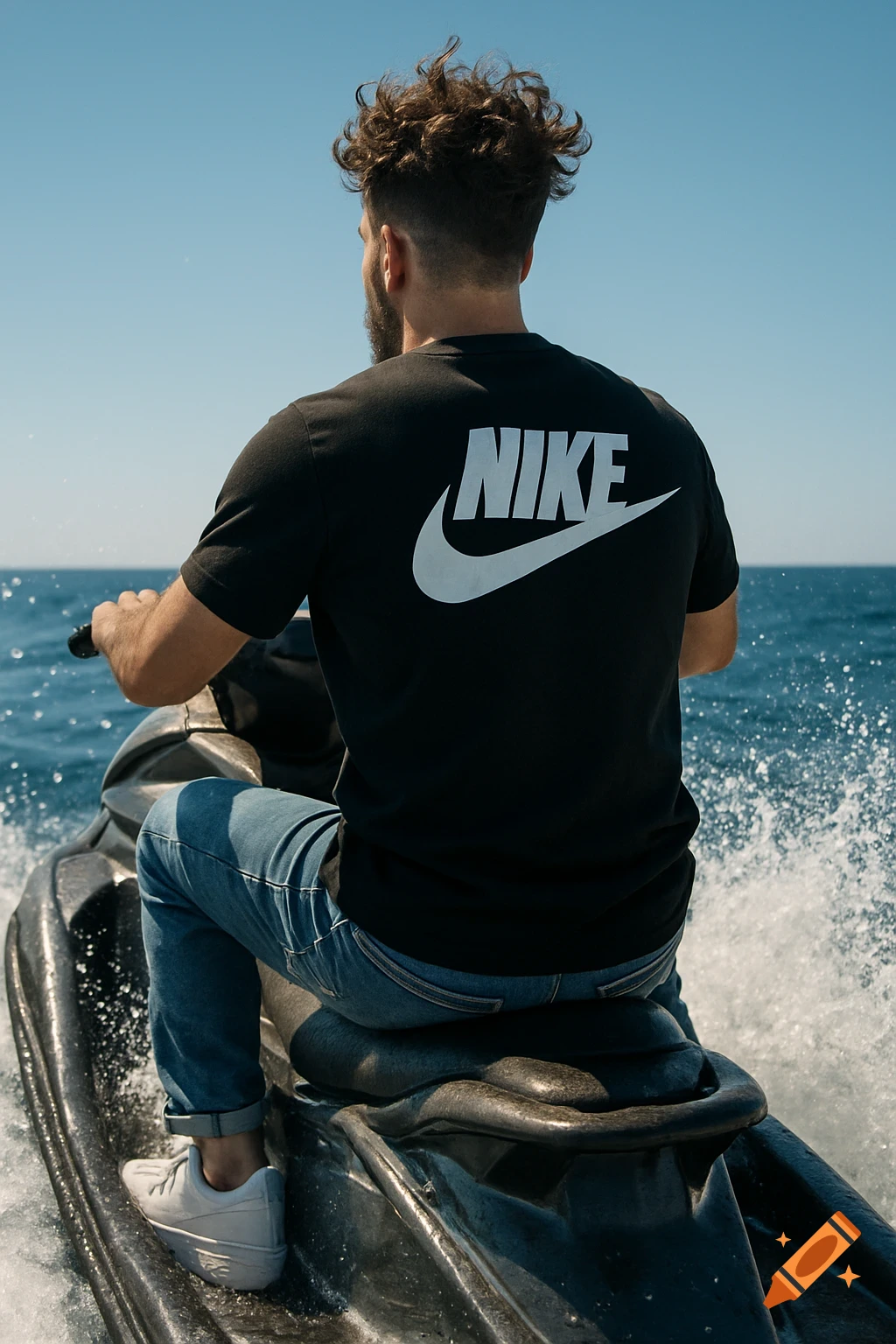 A man from behind riding a jet ski on a sunny ocean, wearing a black Nike t-shirt and jeans.