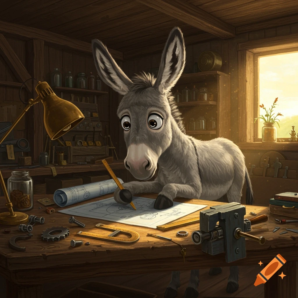 A cartoon donkey with wide eyes draws on blueprints at a wooden workbench filled with tools in a sunlit workshop.