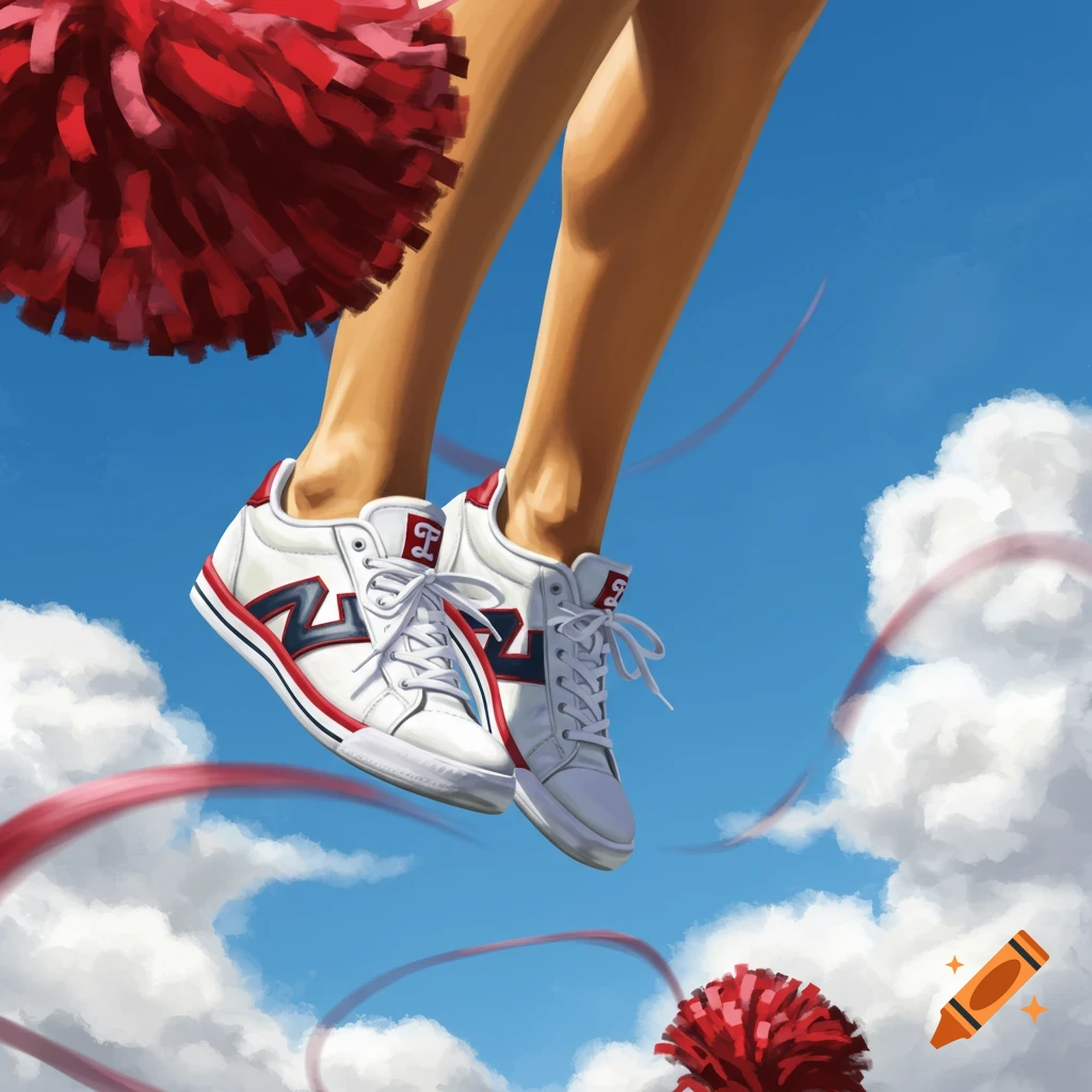 Illustrative close-up of a cheerleader's legs, white sneakers, and red pom-poms, jumping against a blue sky with clouds.