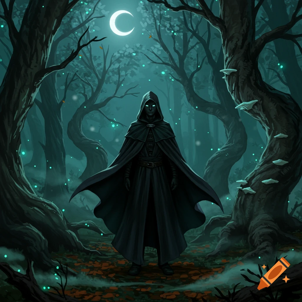 A cloaked figure with glowing eyes stands under a crescent moon in a dark, magical forest with luminescent plants.