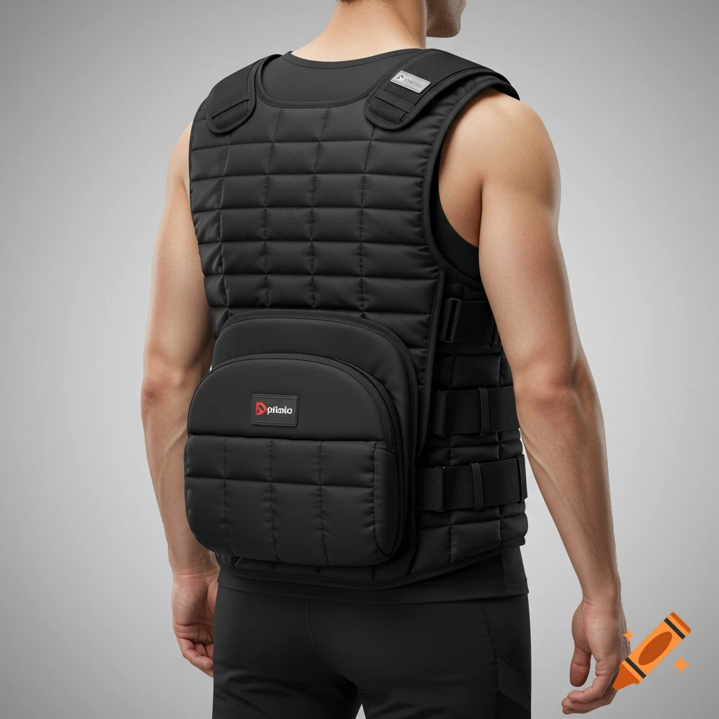 Rear view of a man wearing a black quilted weighted vest with a small pouch on the lower back, in a photorealistic style.