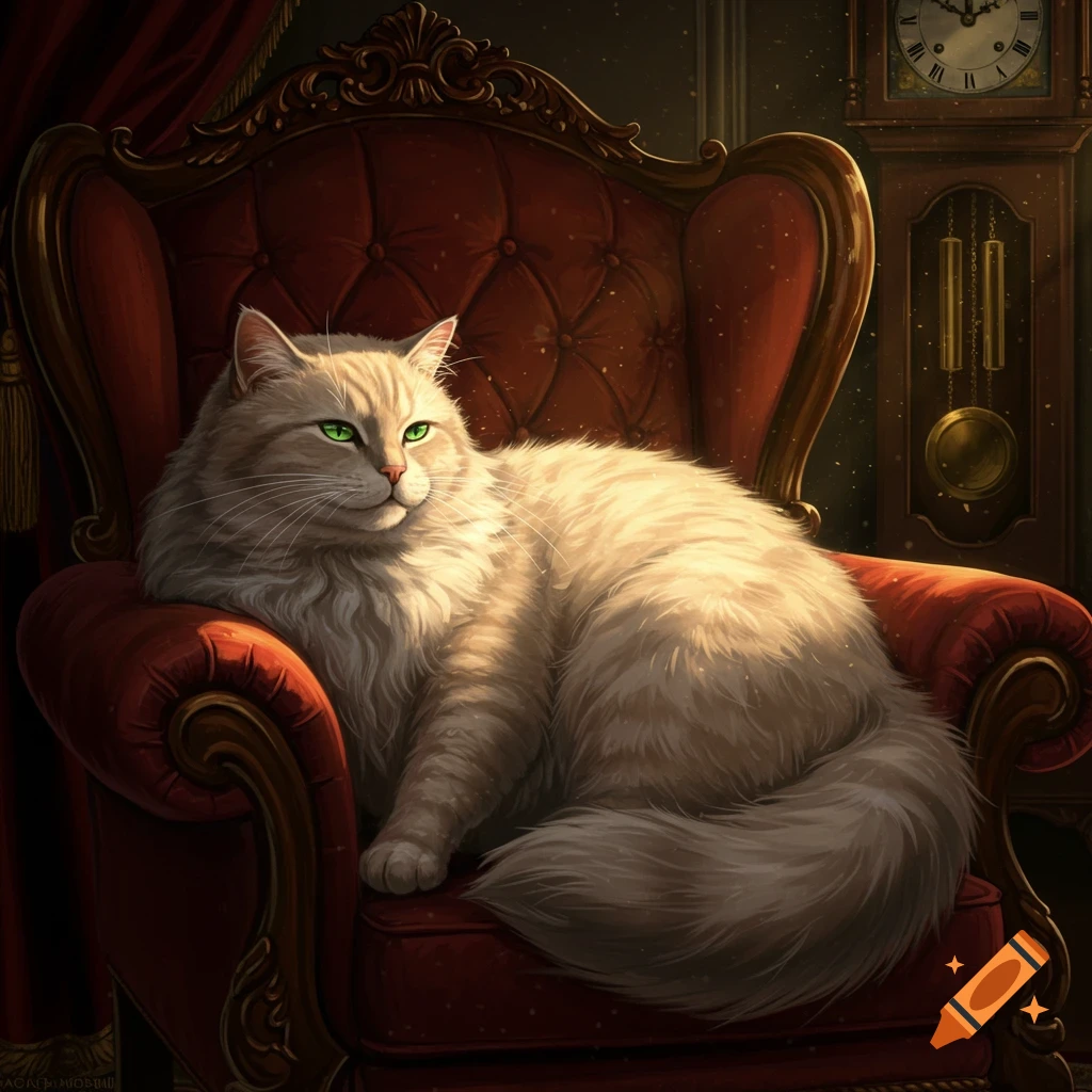 A regal, fluffy light-colored cat with green eyes lounges in a red velvet armchair, with a grandfather clock in the background.