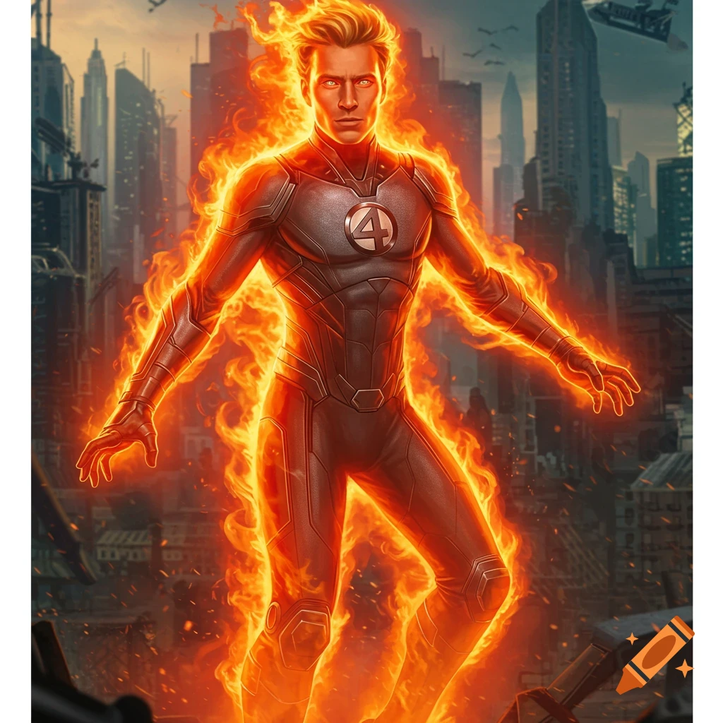 Johnny Storm, the Human Torch, in a fiery superhero suit with a '4' emblem, standing amidst a destroyed cityscape.