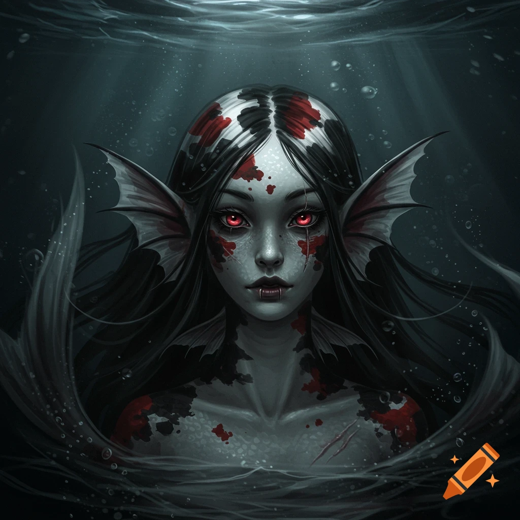 A stylized dark fantasy portrait of a koi-patterned mermaid with red eyes, ear-fins, and scars, submerged in dark water with bubbles.